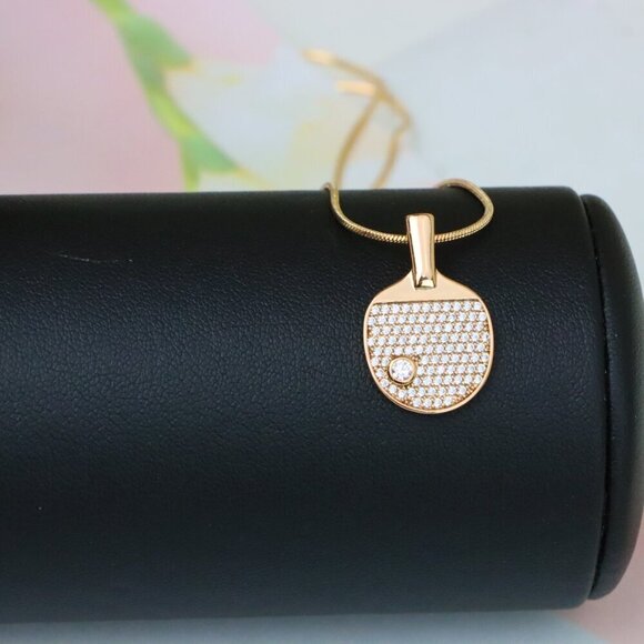 "Rose Gold Table Tennis Racket Pendant with Sparkling CZ Detailing, XPPT1376 - Picture 4 of 13